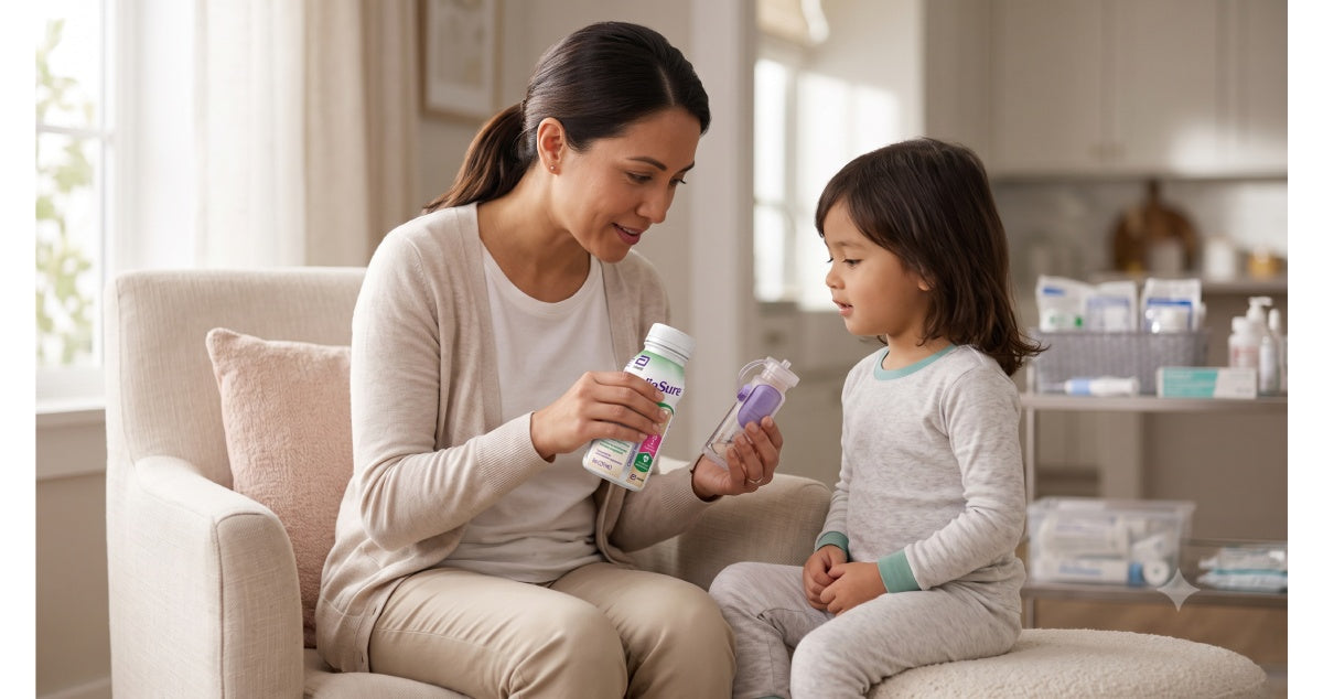 PediaSure with fibre enteral nutrition supplement 8oz bottle for children on neutral background