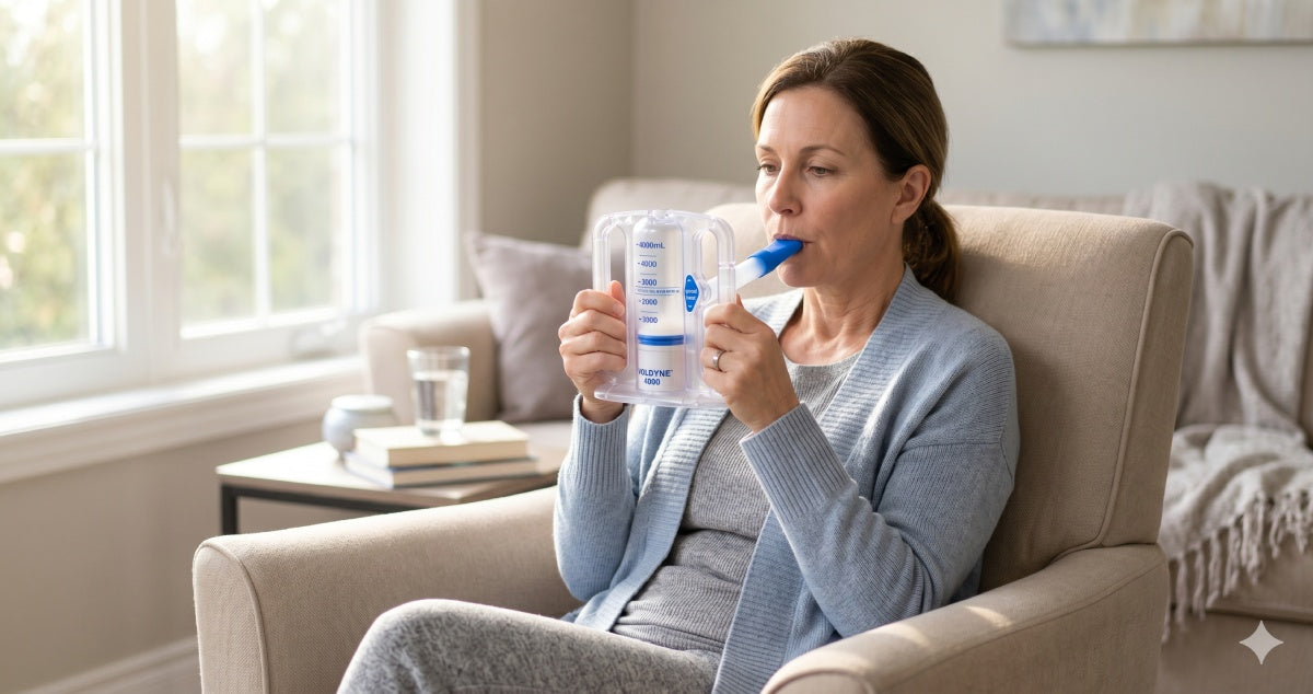 Patient using a Voldyne 4000 incentive spirometer while seated upright in recovery