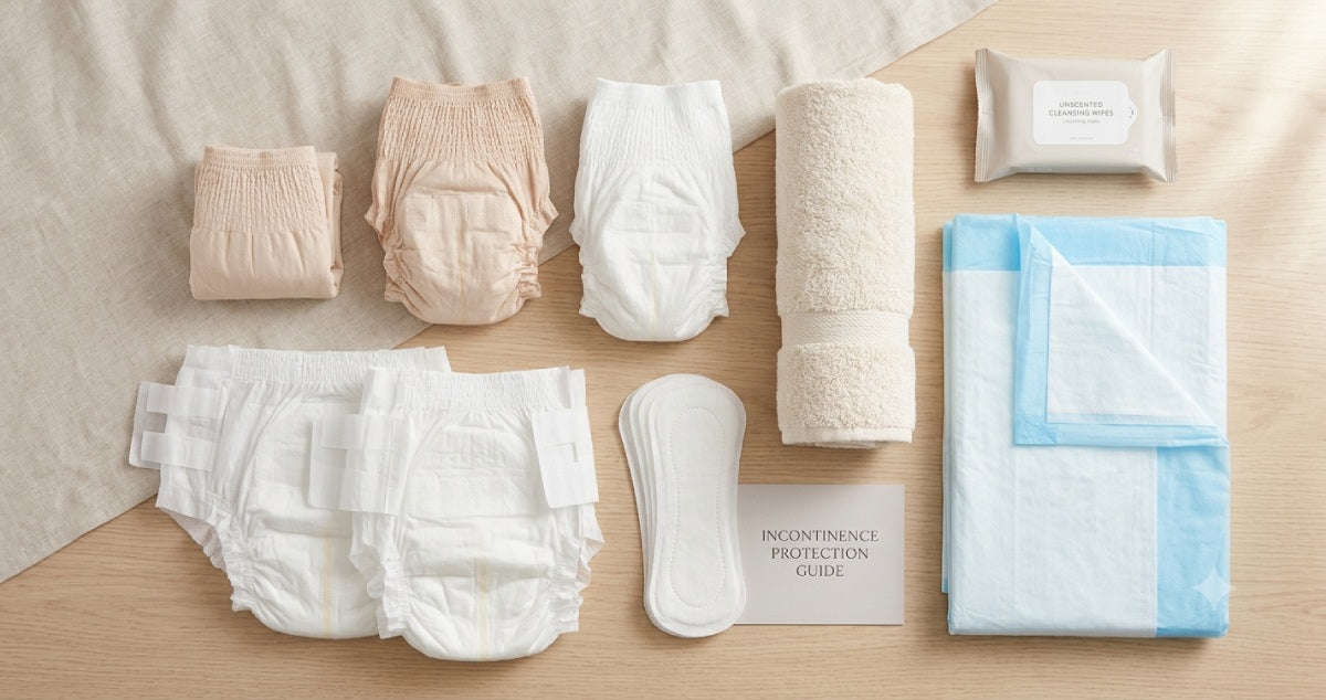 Range of incontinence protection products including pull-on underwear, briefs, pads, and underpads