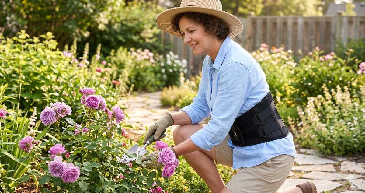 Person wearing an XBack ProLift LSO back brace during outdoor summer activity
