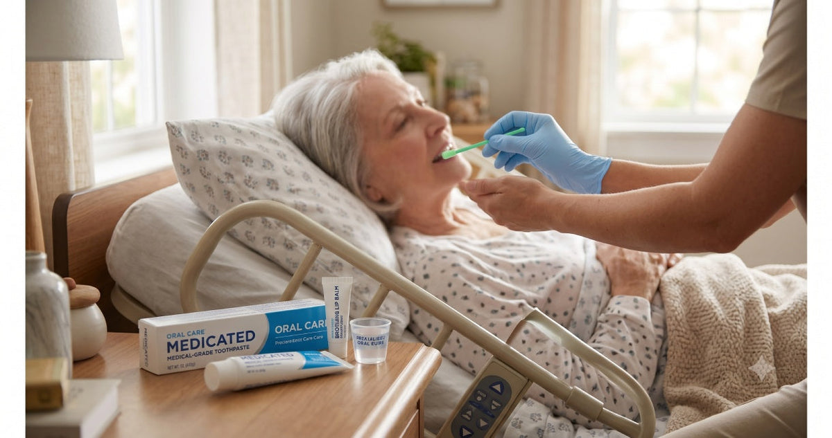 Medical-grade toothpaste, lip balm, and oral swabs for patient oral care at home
