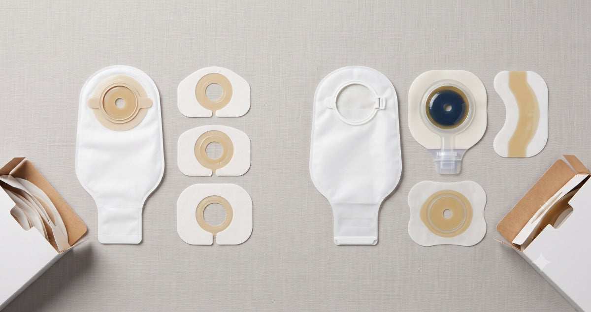 1-piece and 2-piece ostomy pouching systems shown side by side on a neutral background