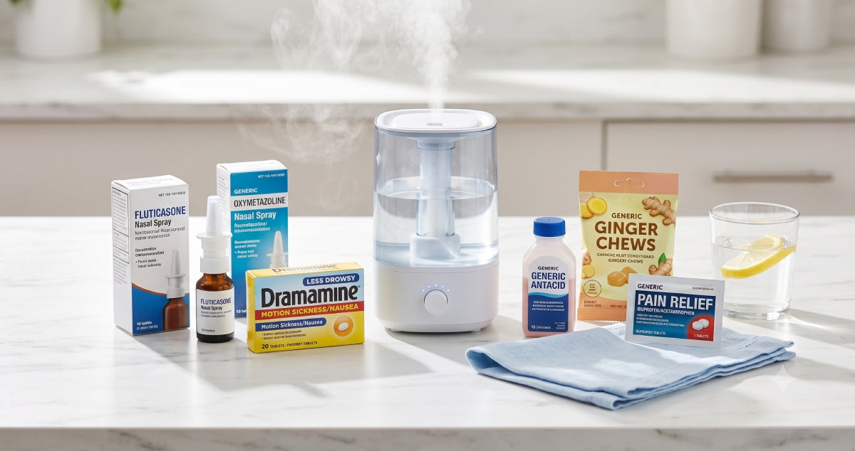OTC cold and nausea relief products including nasal spray and humidifier on a clean background
