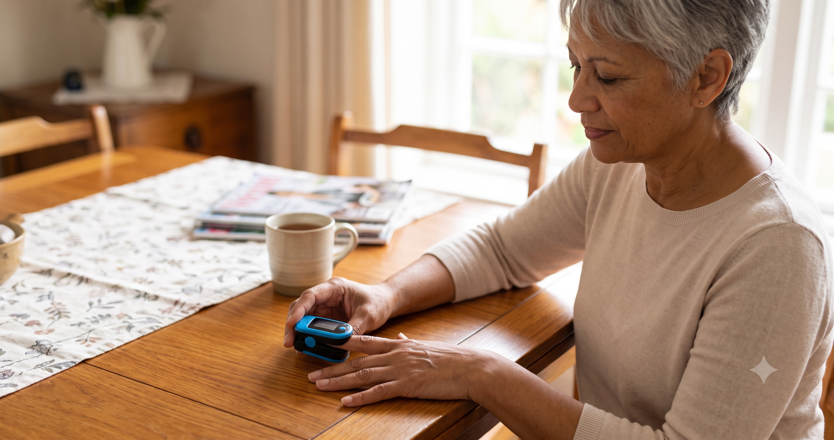 Person using a finger pulse oximeter at home to check oxygen saturation