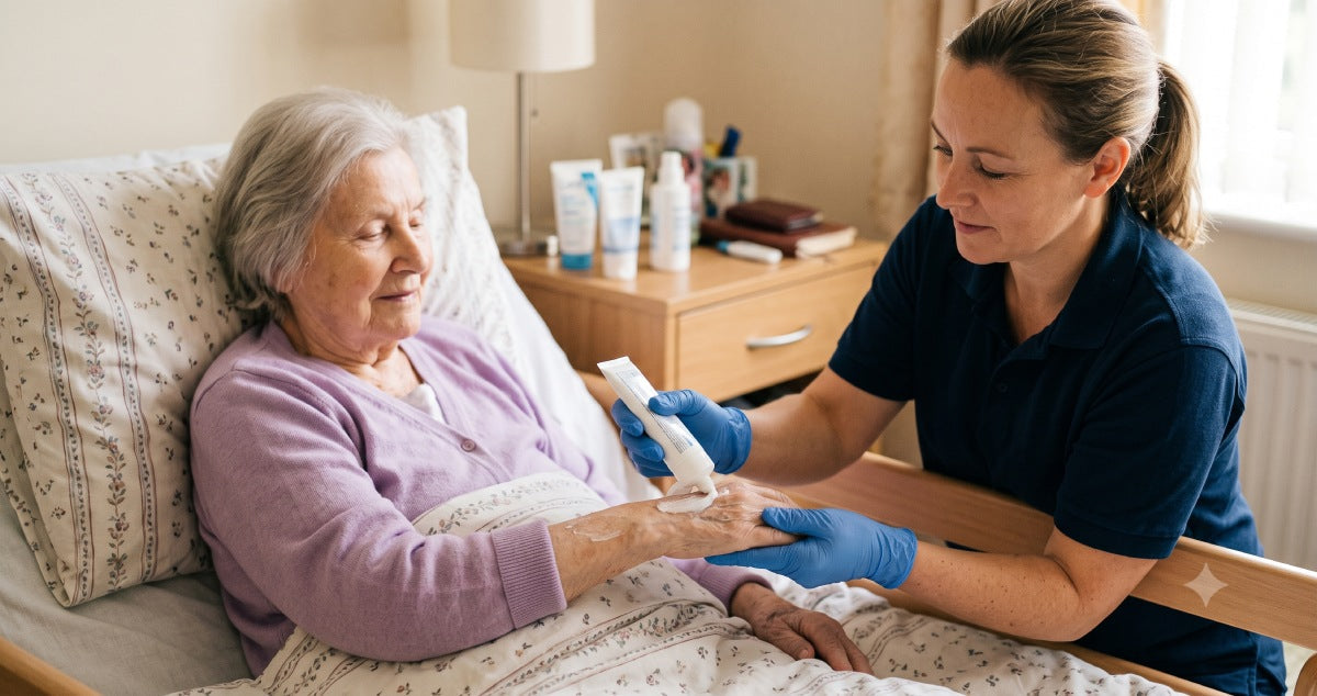 Skin barrier cream and protective ointment applied to prevent skin breakdown in home patient care