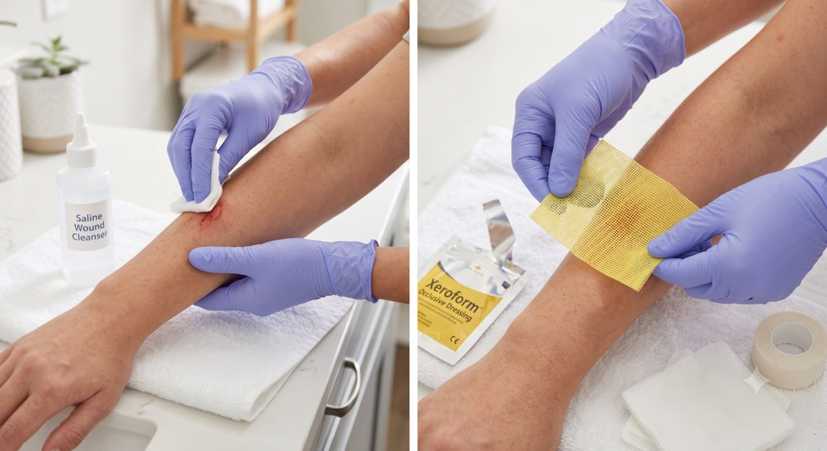 Gloved hands applying xeroform gauze dressing to a minor wound at home