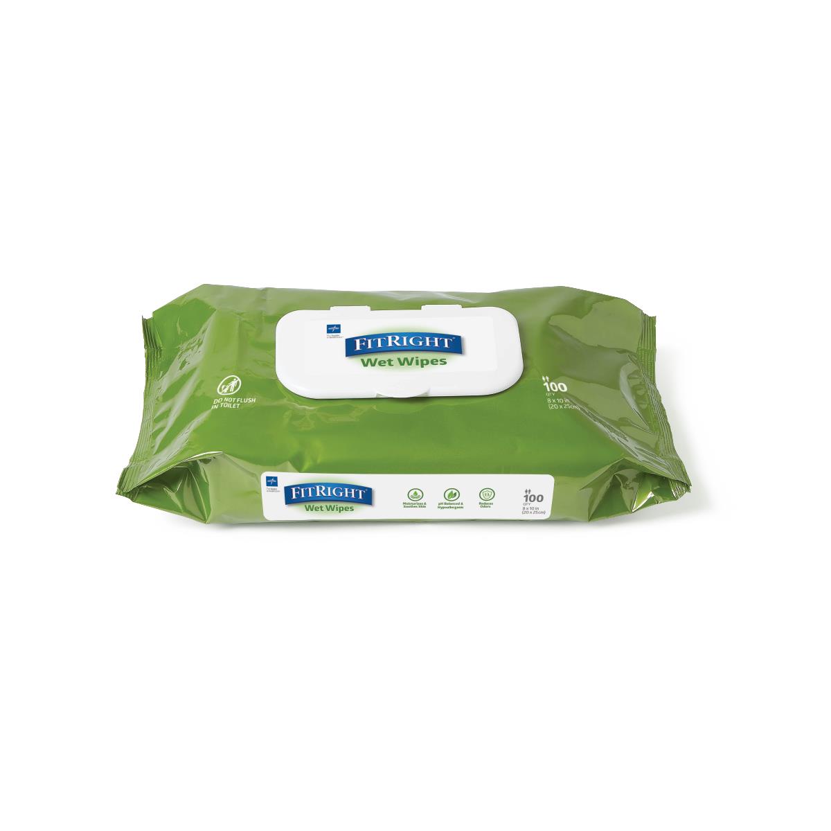 Medline FitRight Aloe Scented Wet Wipes, 8" x 10", Flip Top Lid, 100/Pack MSC263854