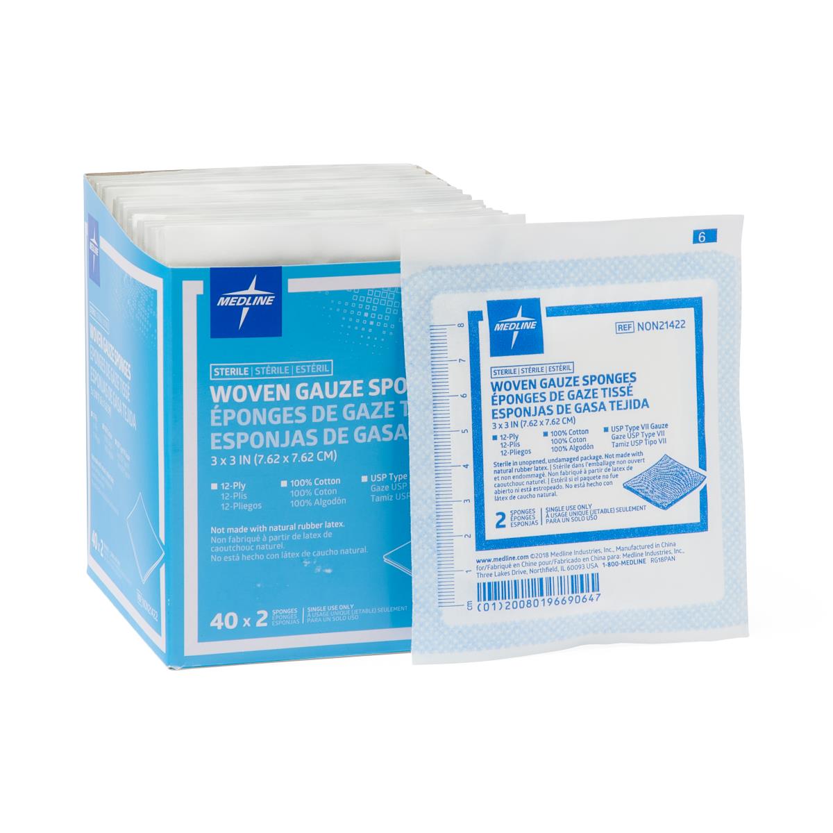 Medline Woven Sterile Gauze Sponges, 3" x 3", 12-Ply, 2/Pack (NON21422)