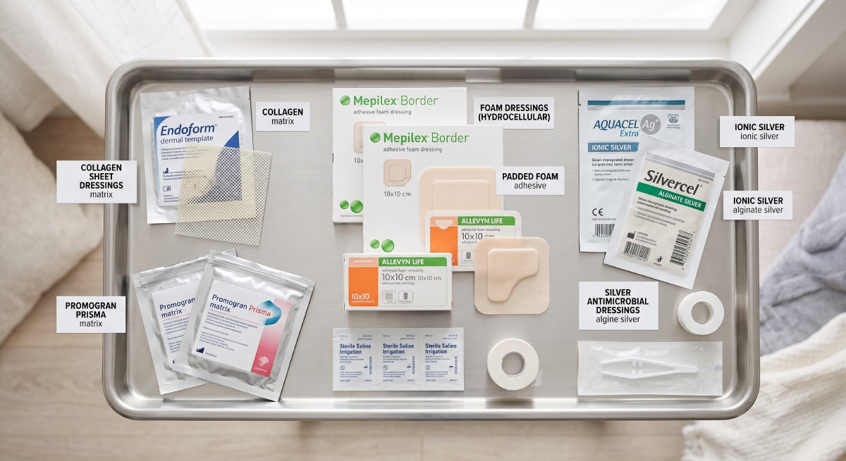 Advanced wound dressings including collagen, foam, and silver antimicrobial options for home care