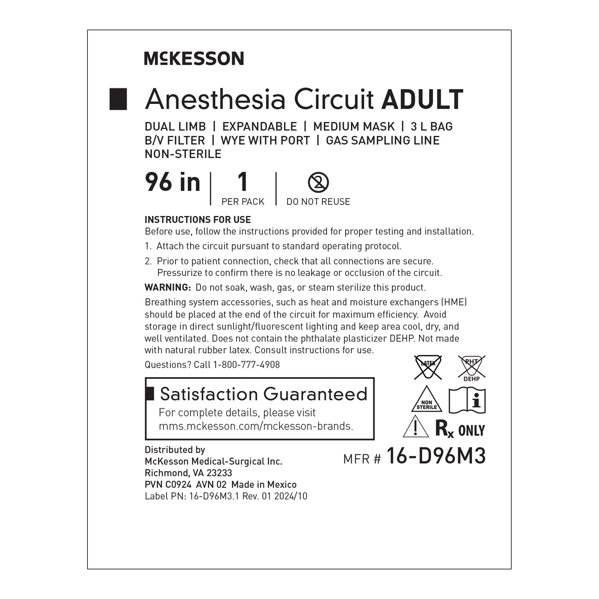 Anesthesia Breathing Circuit Expandable Adult Tube 96 Inch Tube Dual Limb ,3 Liter Bag