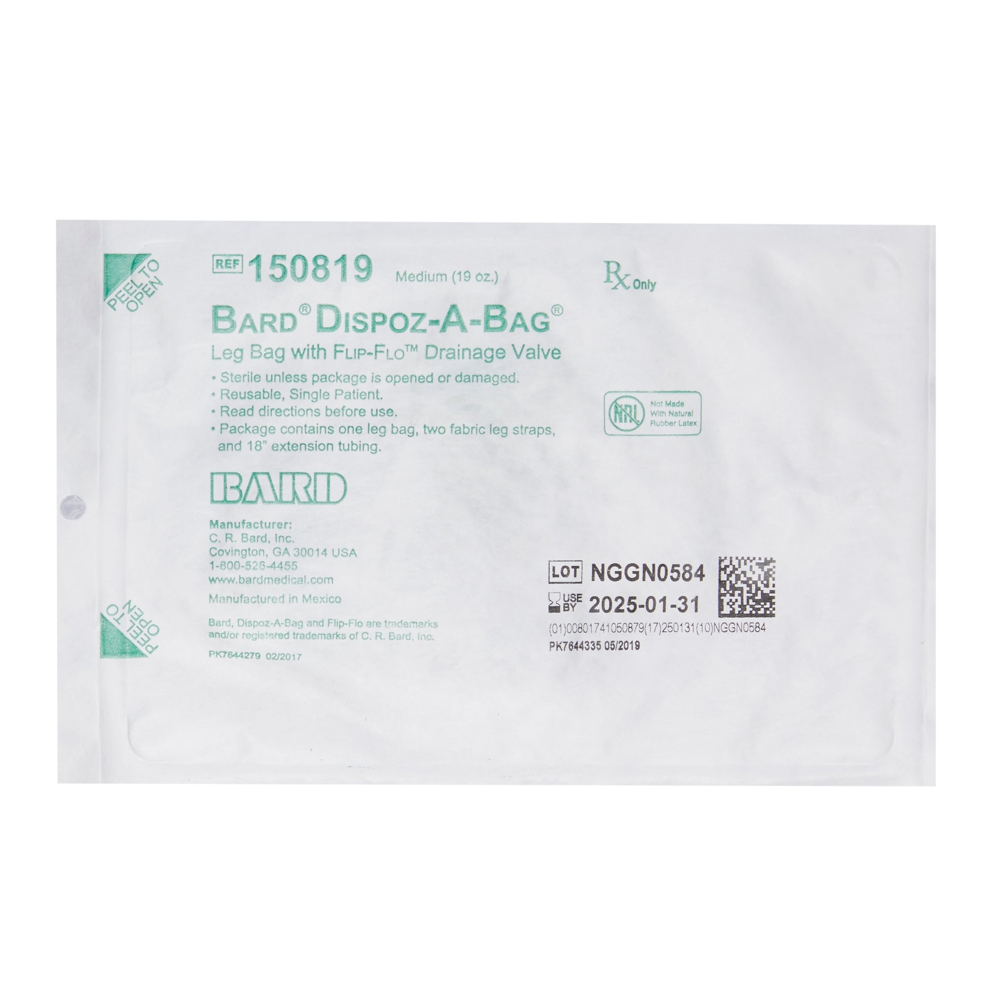 Bard Dispoz-A-Bag® Leg Bag with Flip-Flo™ Valve with Fabric Strap, 18" Tubing 19 oz