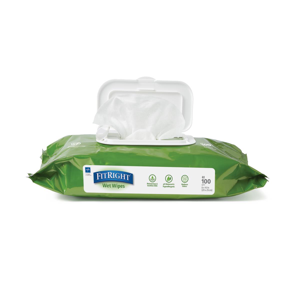 FitRight Aloe Fragrance-Free Wet Wipes, 8" x 10", Flip Top Lid, 100 Wipes/Pk