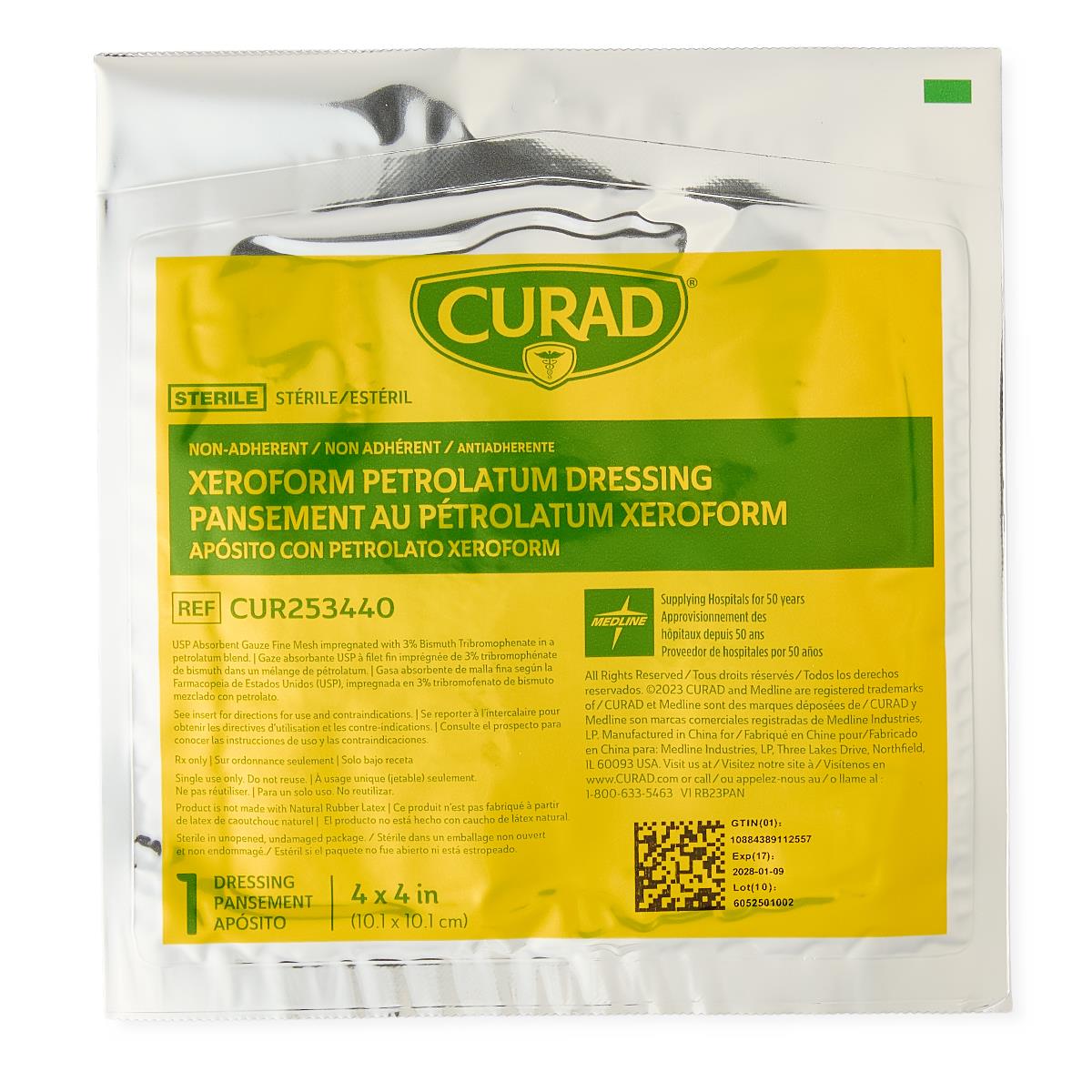 Medline Curad Sterile Xeroform Gauze (CUR253440Z) 4" L x 4" W.