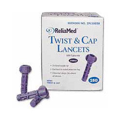 ReliaMed Twist and Cap Lancets, 28G, Purple